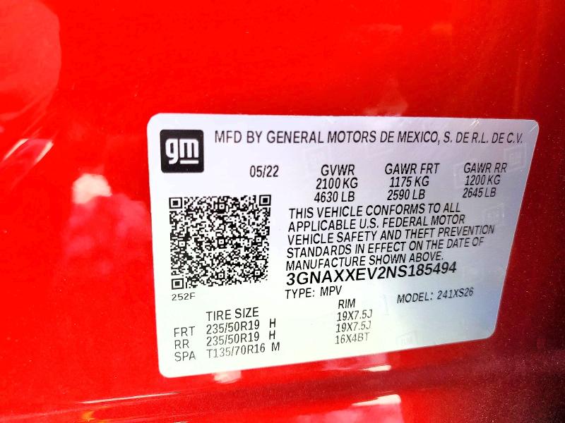 51238716 :رقم المزاد ، 3GNAXXEV2NS185494 vin ، 2022 Chevrolet Equinox مزاد بيع