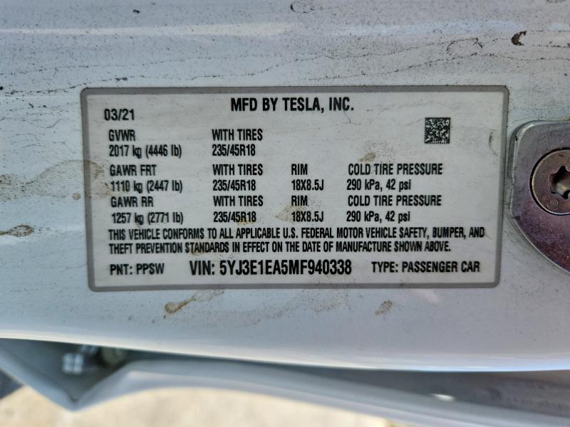 Aukcja sprzedaży 2021 Tesla Model 3, vin: 5YJ3E1EA5MF940338, numer aukcji: 49978016