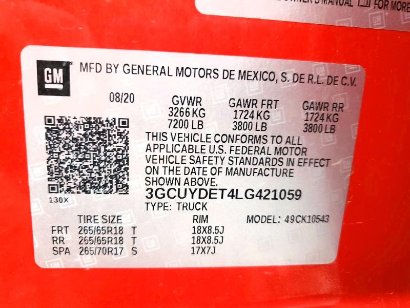 2020 Chevrolet Silverado მანქანა იყიდება აუქციონზე, vin: 3GCUYDET4LG421059, აუქციონის ნომერი: 51556216