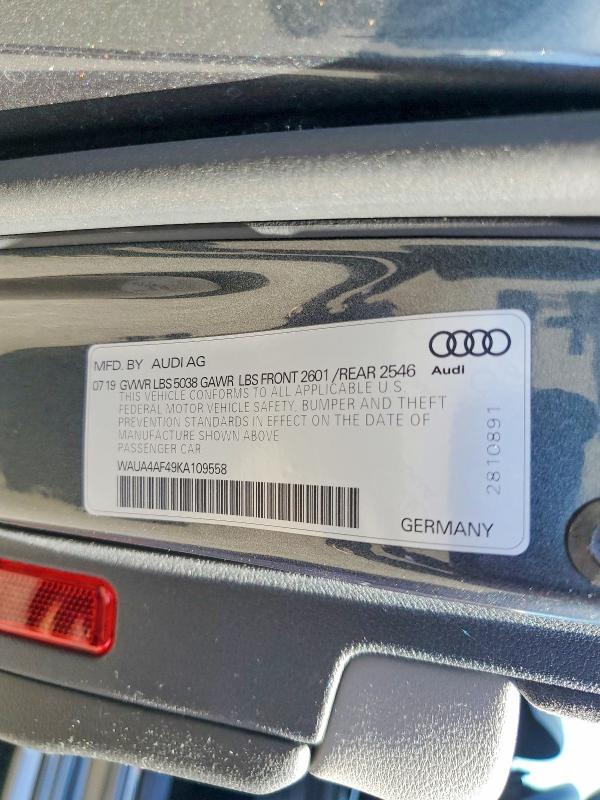 51185876 :رقم المزاد ، WAUA4AF49KA109558 vin ، 2019 Audi S4 مزاد بيع