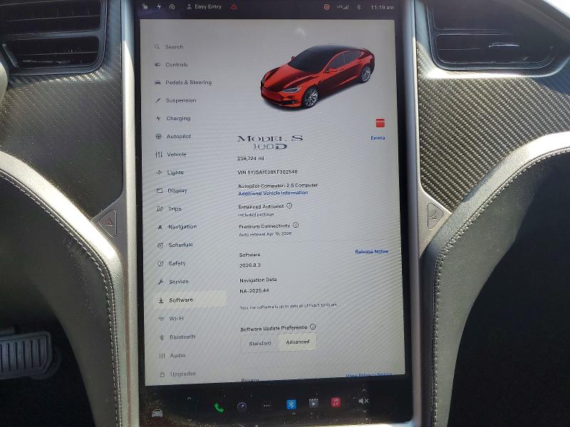 2019 Tesla Model S მანქანა იყიდება აუქციონზე, vin: 5YJSA1E28KF302548, აუქციონის ნომერი: 49099306