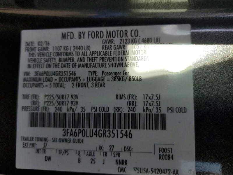 Продажа на аукционе авто 2016 Ford Fusion, vin: 3FA6P0LU4GR351546, номер лота: 50002496