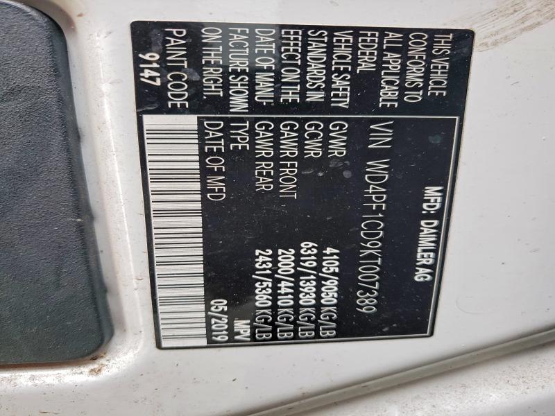 2019 Mercedes Benz Sprinter მანქანა იყიდება აუქციონზე, vin: WD4PF1CD9KT007389, აუქციონის ნომერი: 49095816