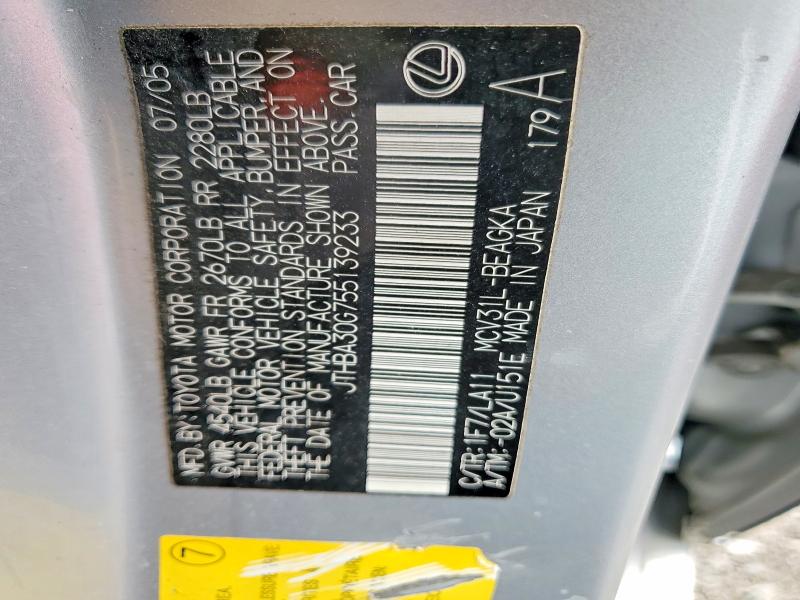 Aukcja sprzedaży 2005 Lexus Es 330, vin: JTHBA30G755139233, numer aukcji: 47867126
