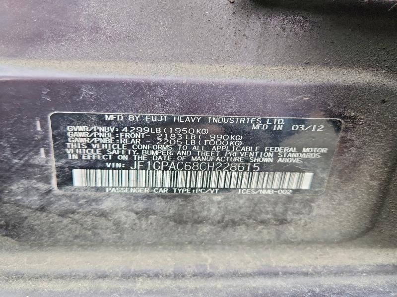 Aukcja sprzedaży 2012 Subaru Impreza, vin: JF1GPAC68CH228615, numer aukcji: 48340226