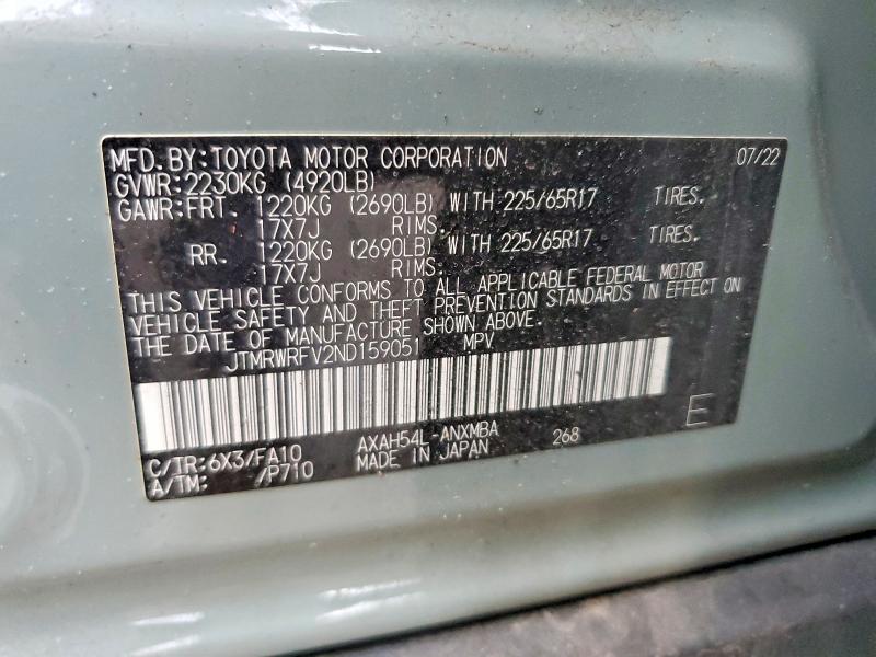 48598256 :رقم المزاد ، JTMRWRFV2ND159051 vin ، 2022 Toyota Rav4 Hybrid مزاد بيع