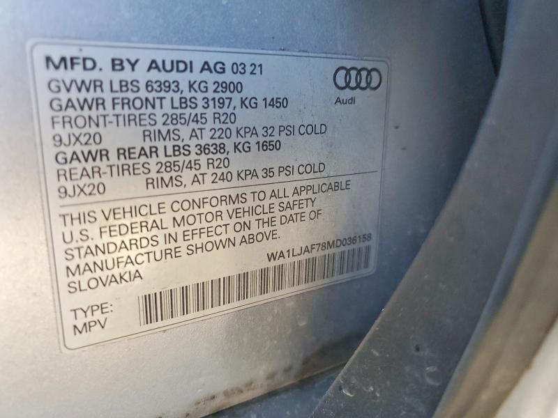 2021 Audi Q7 მანქანა იყიდება აუქციონზე, vin: WA1LJAF78MD036158, აუქციონის ნომერი: 50802666