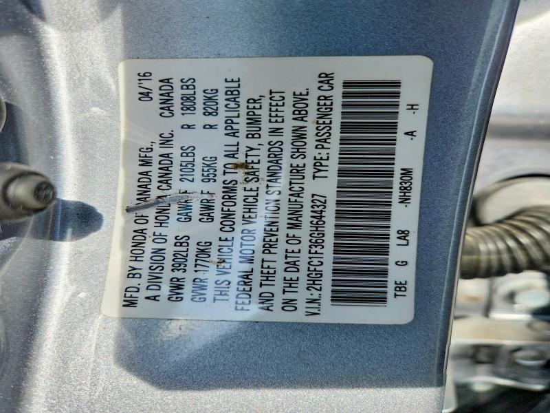 50177786 :رقم المزاد ، 2HGFC1F36GH644327 vin ، 2016 Honda Civic مزاد بيع