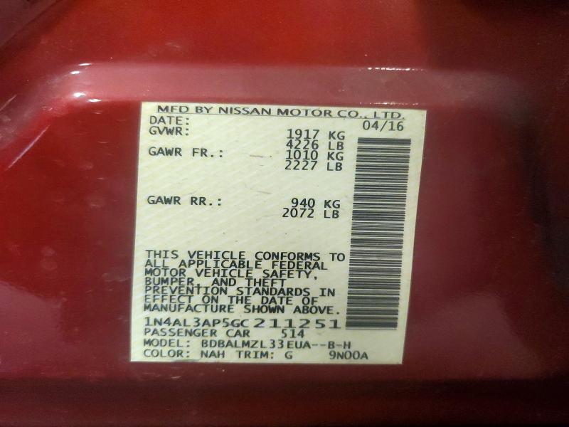 49615536 :رقم المزاد ، 1N4AL3AP5GC211251 vin ، 2016 Niss Altima مزاد بيع