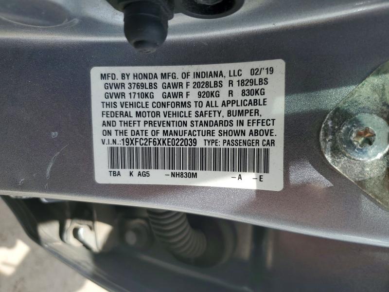 Продаж на аукціоні авто 2019 Honda Civic, vin: 19XFC2F6XKE022039, номер лоту: 49809966