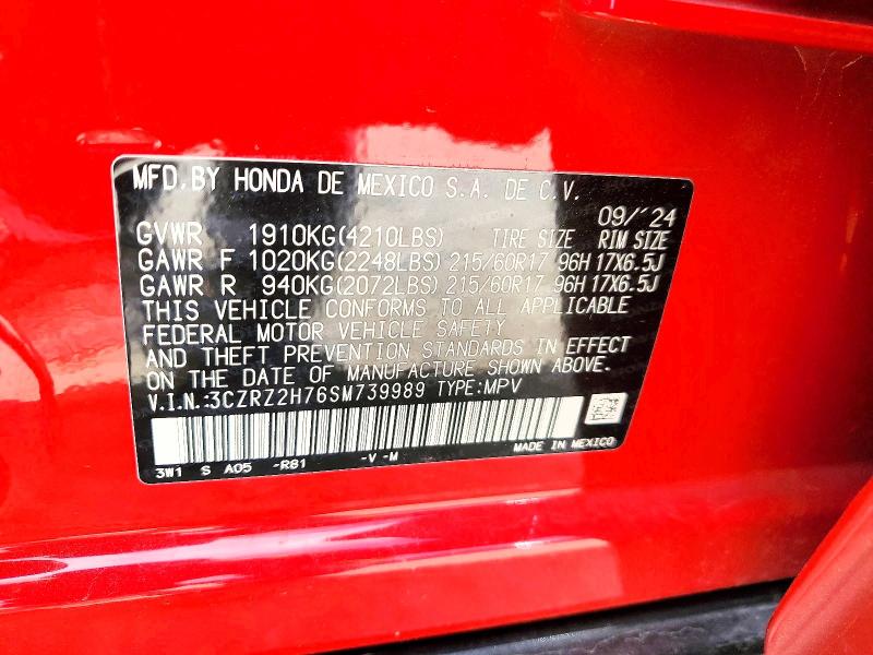 2025 Honda Hr-v მანქანა იყიდება აუქციონზე, vin: 3CZRZ2H76SM739989, აუქციონის ნომერი: 49131696