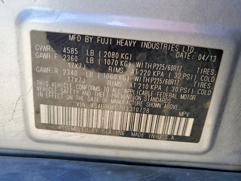 2013 Subaru Outback მანქანა იყიდება აუქციონზე, vin: 4S4BRBKC7D3310728, აუქციონის ნომერი: 50411286