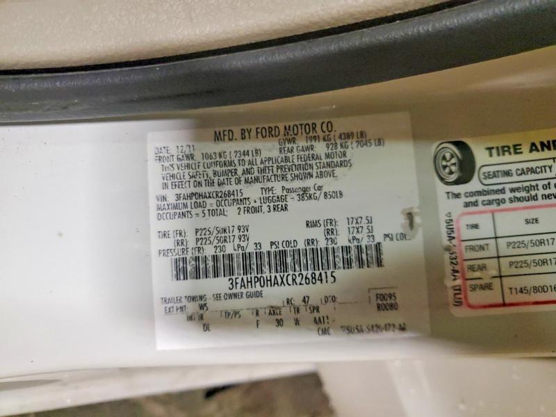 48039546 :رقم المزاد ، 3FAHP0HAXCR268415 vin ، 2012 Ford Fusion مزاد بيع