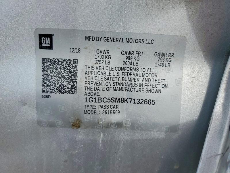 50826356 :رقم المزاد ، 1G1BC5SM8K7132665 vin ، 2019 Chevrolet Cruze مزاد بيع