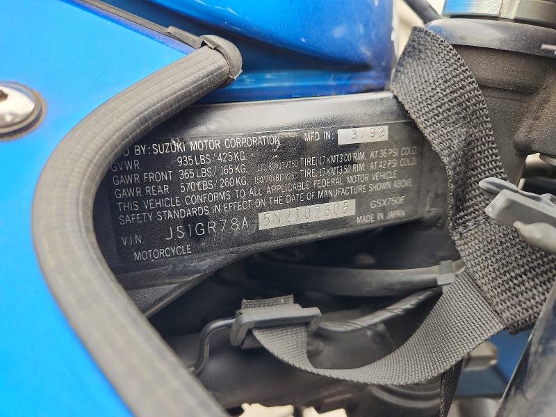 1992 Suzuki Gsx750 მანქანა იყიდება აუქციონზე, vin: JS1GR78A5N2102605, აუქციონის ნომერი: 49809196