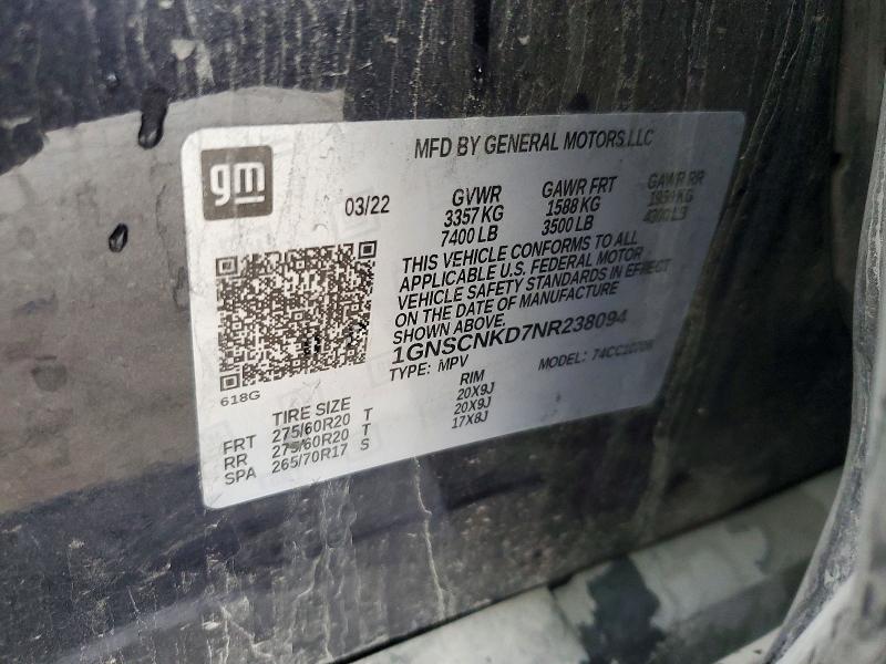 49016286 :رقم المزاد ، 1GNSCNKD7NR238094 vin ، 2022 Chevrolet Tahoe مزاد بيع