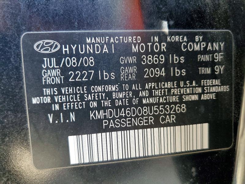 50154866 :رقم المزاد ، KMHDU46D08U553268 vin ، 2008 Hyundai Elantra مزاد بيع