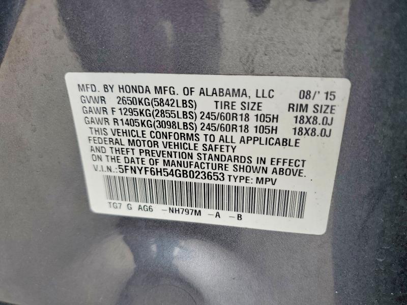 51614756 :رقم المزاد ، 5FNYF6H54GB023653 vin ، 2016 Honda Pilot مزاد بيع