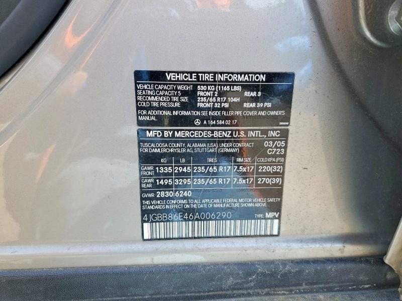 51642276 :رقم المزاد ، 4JGBB86E46A006290 vin ، 2006 Mercedes-benz Ml مزاد بيع