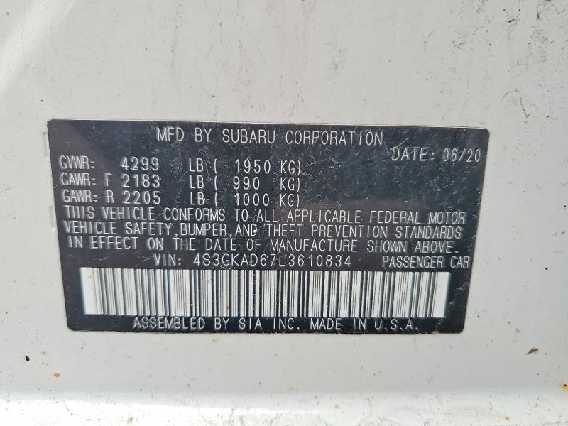 50338876 :رقم المزاد ، 4S3GKAD67L3610834 vin ، 2020 Subaru Impreza مزاد بيع