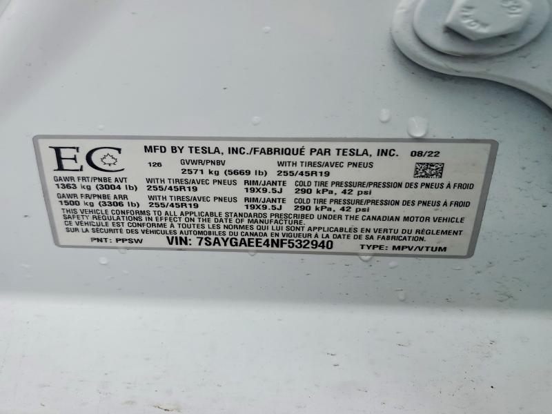 2022 Tesla Model Y მანქანა იყიდება აუქციონზე, vin: 7SAYGAEE4NF532940, აუქციონის ნომერი: 49411696