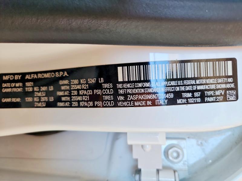 2022 Alfa Romeo Stelvio მანქანა იყიდება აუქციონზე, vin: ZASPAKBN6N7D31459, აუქციონის ნომერი: 50351966