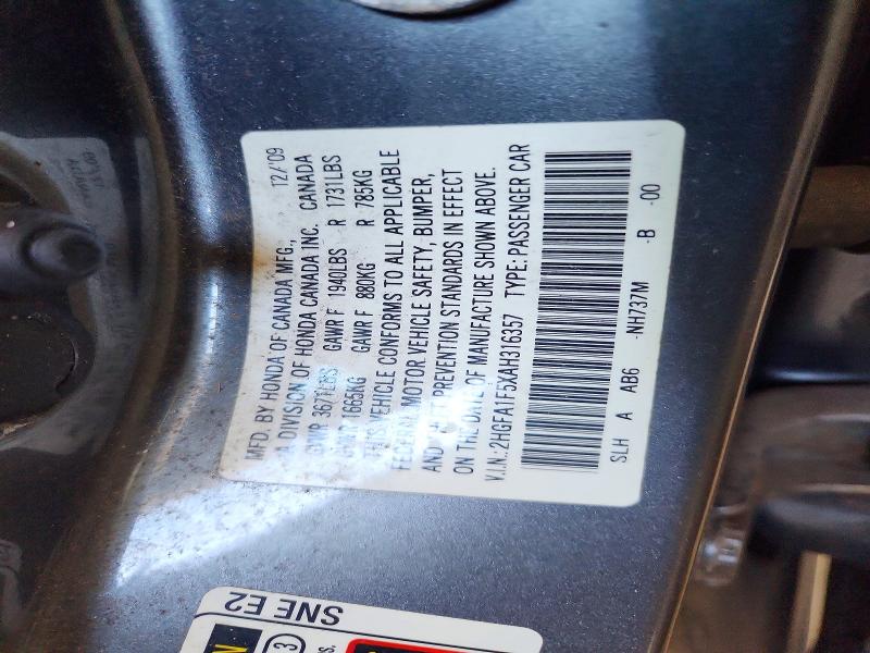 Aukcja sprzedaży 2010 Honda Civic, vin: 2HGFA1F5XAH316357, numer aukcji: 51020136