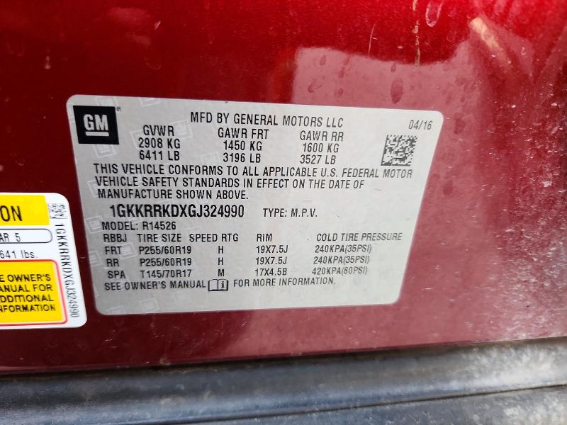 48910536 :رقم المزاد ، 1GKKRRKDXGJ324990 vin ، 2016 Gmc Acadia مزاد بيع