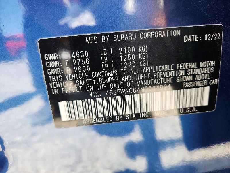 Aukcja sprzedaży 2022 Subaru Legacy, vin: 4S3BWAC64N3014924, numer aukcji: 50907266
