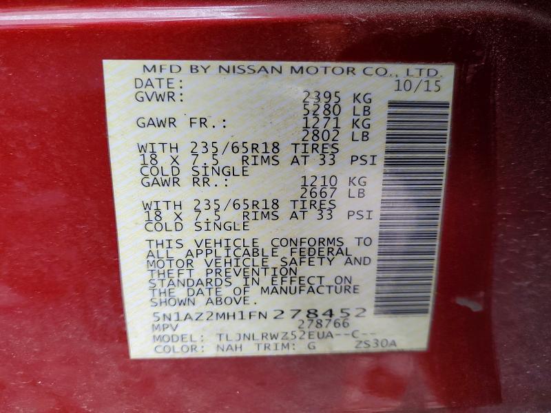 51318196 :رقم المزاد ، 5N1AZ2MH1FN278452 vin ، 2015 Nissan Murano مزاد بيع