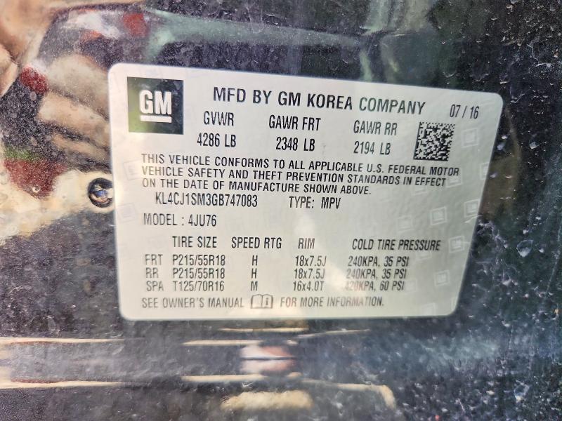 2016 Buick Encore მანქანა იყიდება აუქციონზე, vin: KL4CJ1SM3GB747083, აუქციონის ნომერი: 50951686