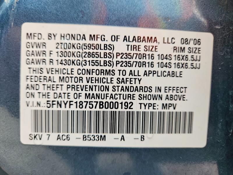 Продажа на аукционе авто 2007 Honda Pilot, vin: 5FNYF18757B000192, номер лота: 49608606