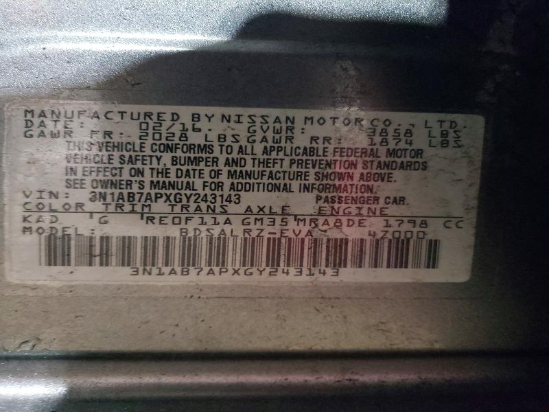 2016 Nissan Sentra მანქანა იყიდება აუქციონზე, vin: 3N1AB7APXGY243143, აუქციონის ნომერი: 50095846
