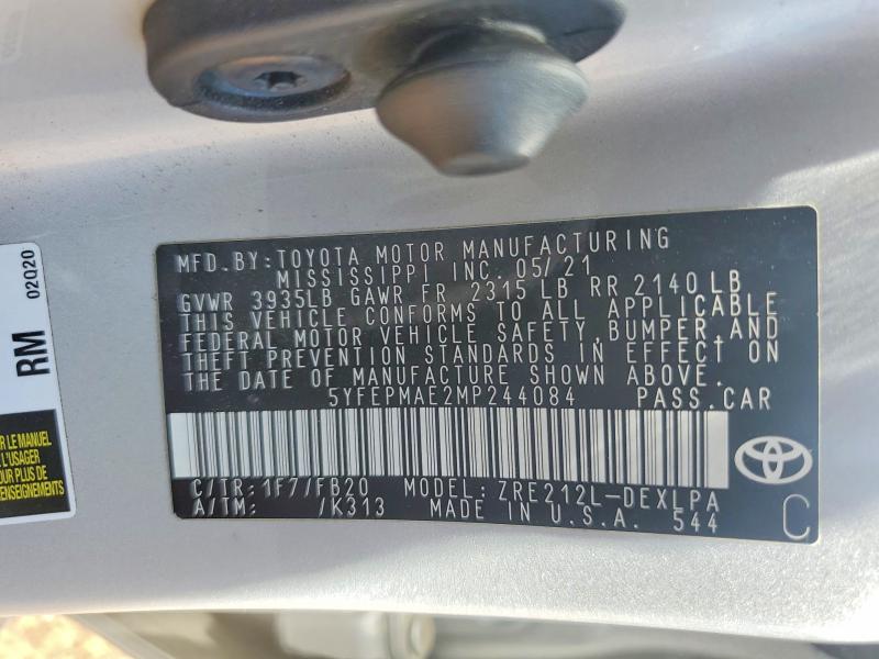 2021 Toyota Corolla მანქანა იყიდება აუქციონზე, vin: 5YFEPMAE2MP244084, აუქციონის ნომერი: 49825446