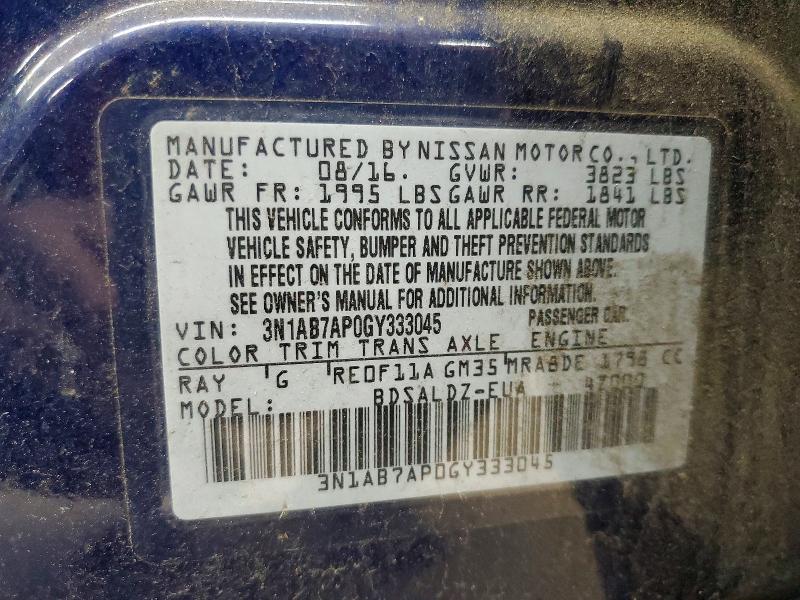 2016 Nissan Sentra მანქანა იყიდება აუქციონზე, vin: 3N1AB7AP0GY333045, აუქციონის ნომერი: 50731096