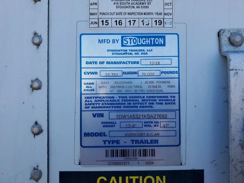 Продажа на аукционе авто 2019 Stoughton Trailers I, vin: 1DW1A5321KSA27692, номер лота: 48763386