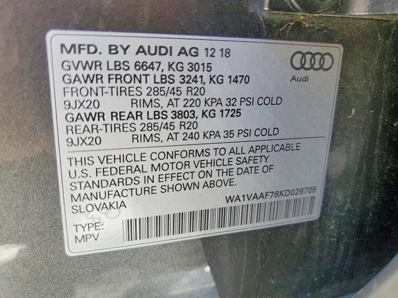 2019 Audi Q7 მანქანა იყიდება აუქციონზე, vin: WA1VAAF78KD026705, აუქციონის ნომერი: 50784406
