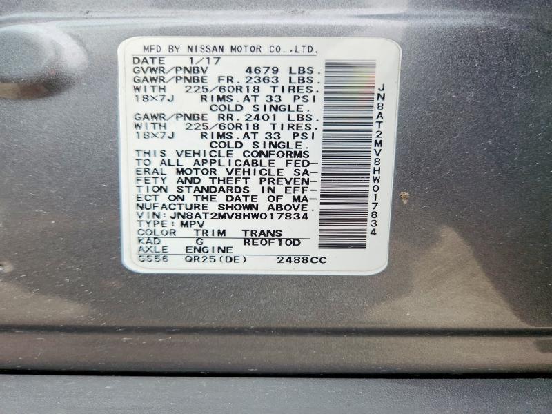 2017 Nissan Rogue მანქანა იყიდება აუქციონზე, vin: JN8AT2MV8HW017834, აუქციონის ნომერი: 51443766