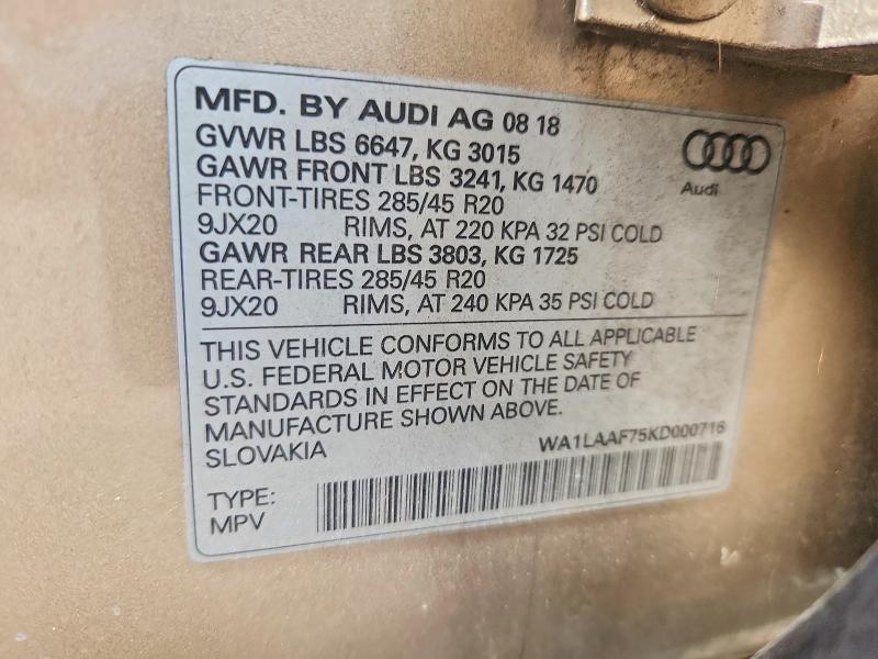 2019 Audi Q7 მანქანა იყიდება აუქციონზე, vin: WA1LAAF75KD000716, აუქციონის ნომერი: 48439296