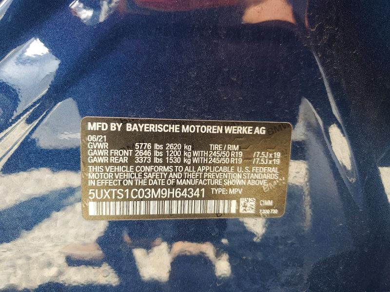 51970576 :رقم المزاد ، 5UXTS1C03M9H64341 vin ، 2021 Bmw X3 مزاد بيع