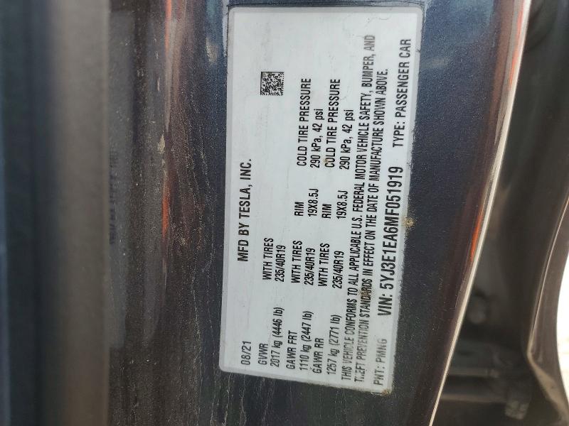 2021 Tesla Model 3 მანქანა იყიდება აუქციონზე, vin: 5YJ3E1EA6MF051919, აუქციონის ნომერი: 51528716