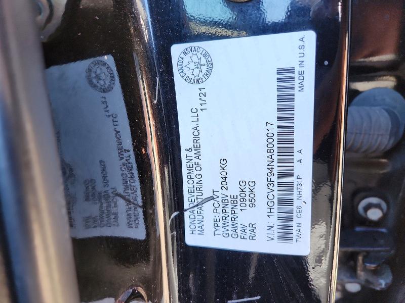 2022 Honda Accord მანქანა იყიდება აუქციონზე, vin: 1HGCV3F94NA800017, აუქციონის ნომერი: 49936616