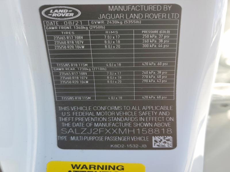 50725026 :رقم المزاد ، SALZJ2FXXMH158818 vin ، 2021 Land Rover Range Rover Evoque مزاد بيع