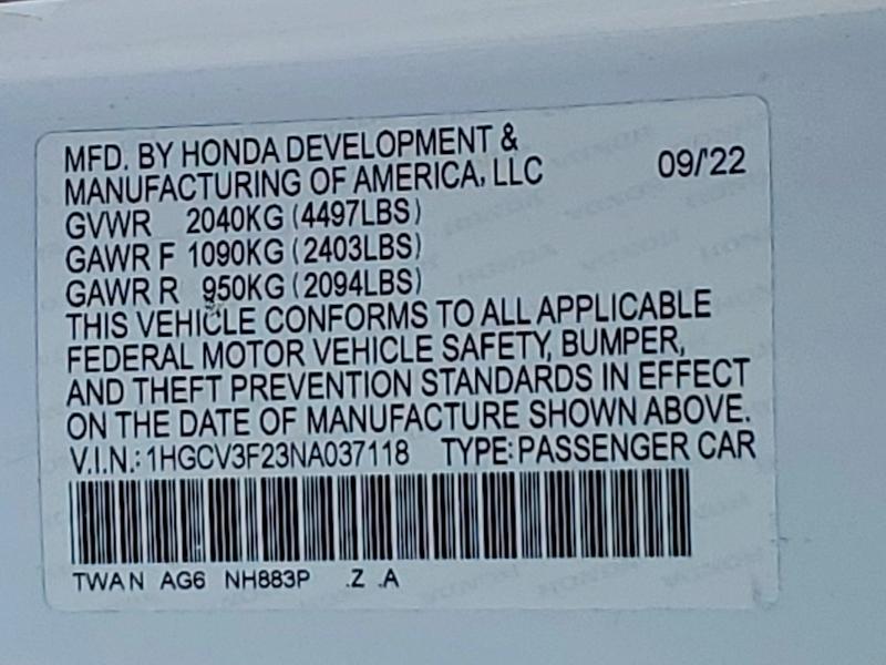 Продаж на аукціоні авто 2022 Honda Accord, vin: 1HGCV3F23NA037118, номер лоту: 51373836