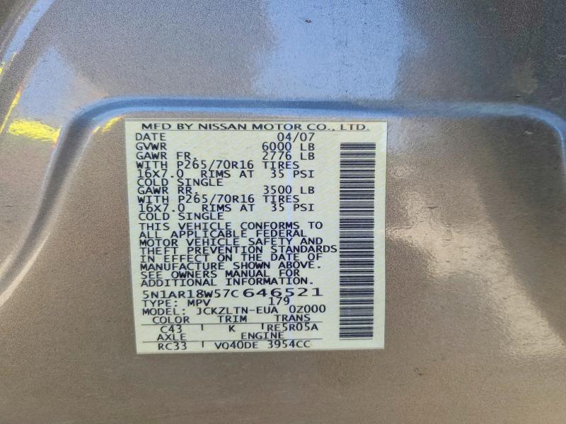 41631436 :رقم المزاد ، 5N1AR18W57C646521 vin ، 2007 Nissan Pathfinder مزاد بيع
