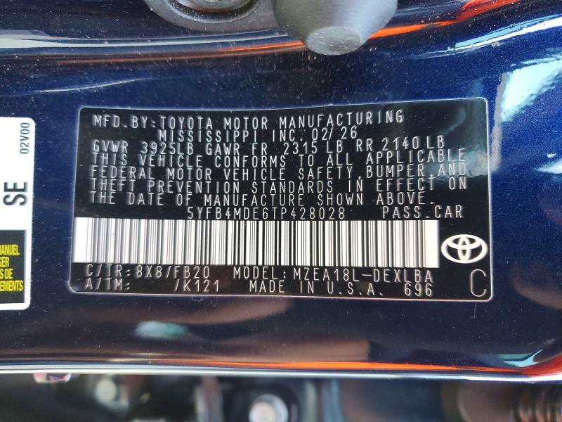 Продаж на аукціоні авто 2026 Toyota Corolla, vin: 5YFB4MDE6TP428028, номер лоту: 49981246