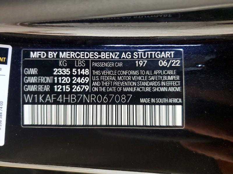 2022 Mercedes-benz C მანქანა იყიდება აუქციონზე, vin: W1KAF4HB7NR067087, აუქციონის ნომერი: 51507616
