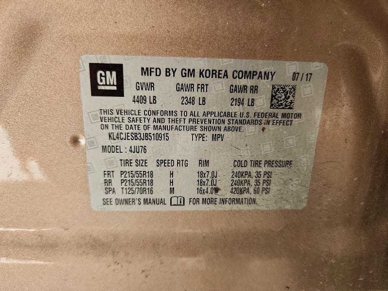 2018 Buick Encore მანქანა იყიდება აუქციონზე, vin: KL4CJESB3JB510915, აუქციონის ნომერი: 48578076