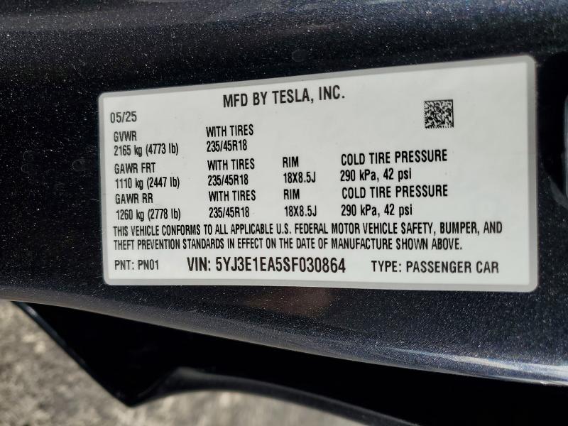 Aukcja sprzedaży 2025 Tesla Model 3, vin: 5YJ3E1EA5SF030864, numer aukcji: 48958266