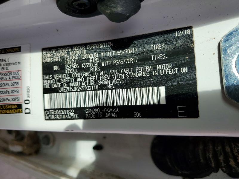 Aukcja sprzedaży 2019 Toyota 4runner, vin: JTEZU5JR2K5202118, numer aukcji: 48942966